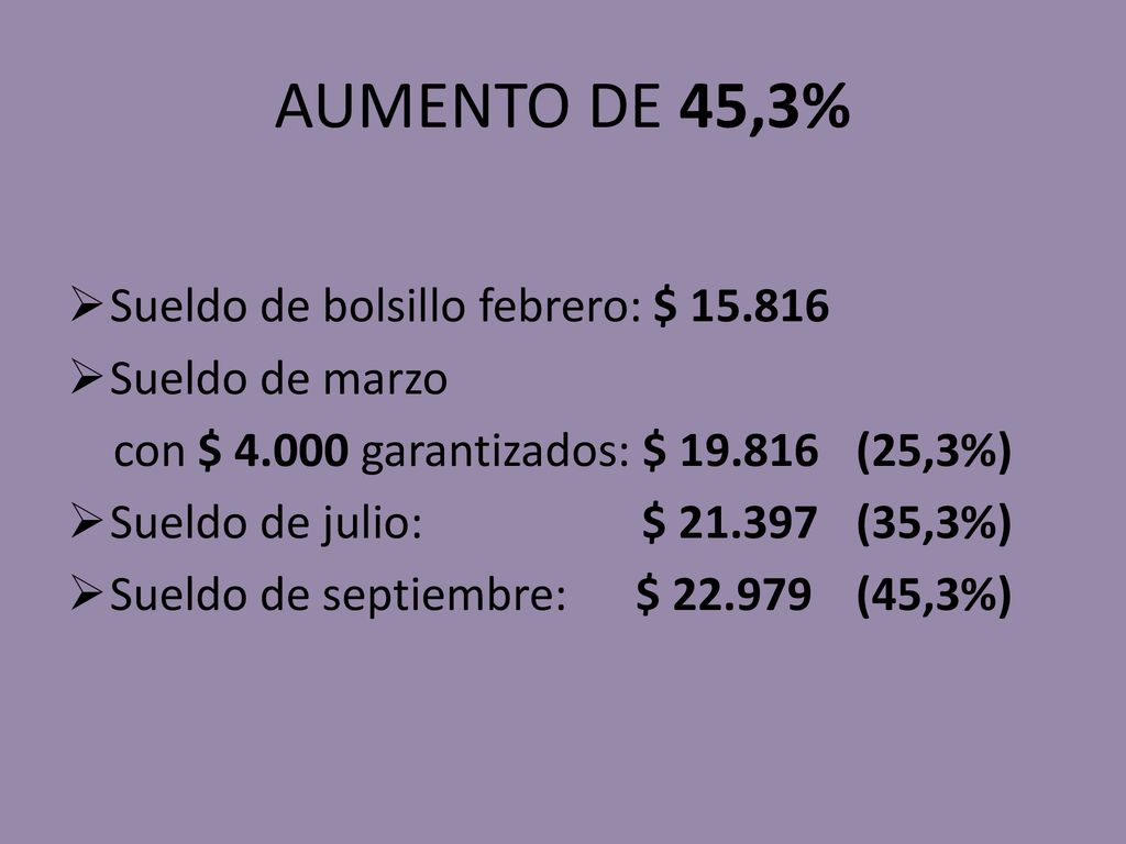 AUMENTO DE 45,3% Sueldo de bolsillo febrero: $ Sueldo de marzo
