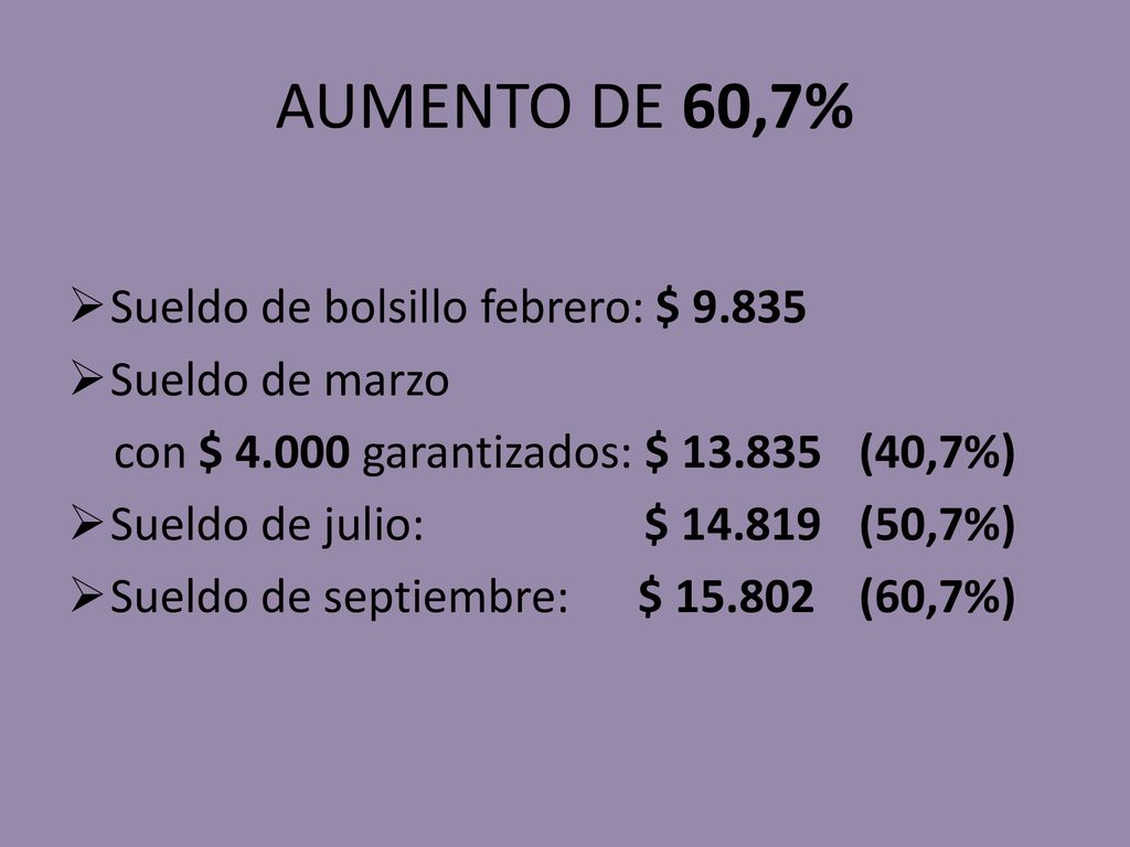 AUMENTO DE 60,7% Sueldo de bolsillo febrero: $ Sueldo de marzo