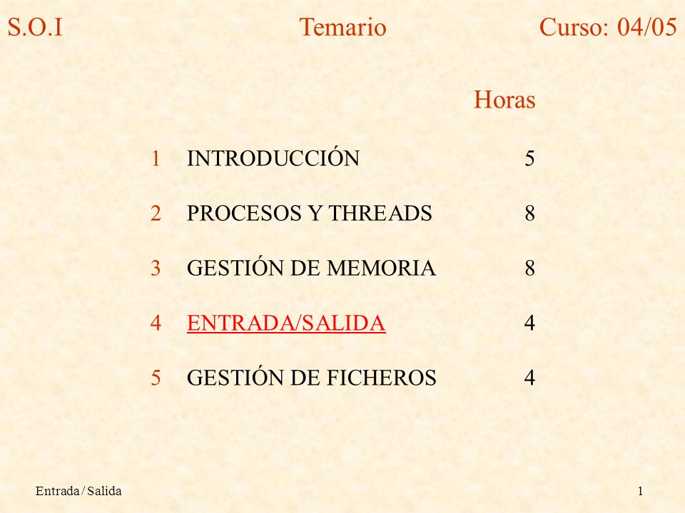 S.O.I Temario Curso: 04/05 Horas INTRODUCCIÓN 5 PROCESOS Y THREADS 8