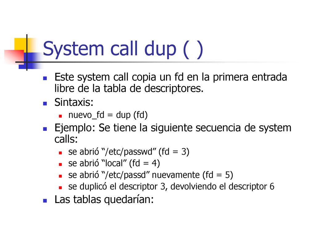 System call dup ( ) Este system call copia un fd en la primera entrada libre de la tabla de descriptores.