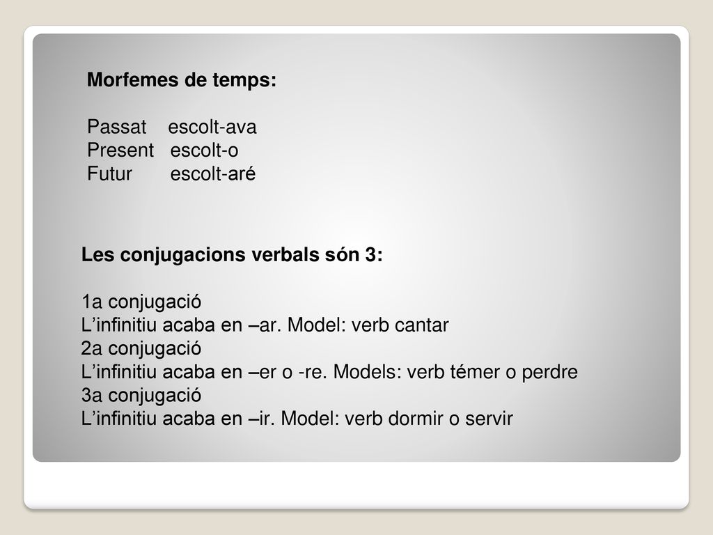 Morfemes de temps: Passat escolt-ava. Present escolt-o. Futur escolt-aré. Les conjugacions verbals són 3: