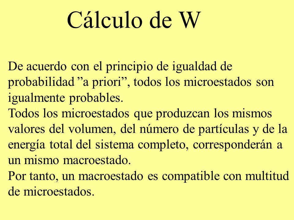 Cálculo de W De acuerdo con el principio de igualdad de probabilidad a priori , todos los microestados son igualmente probables.