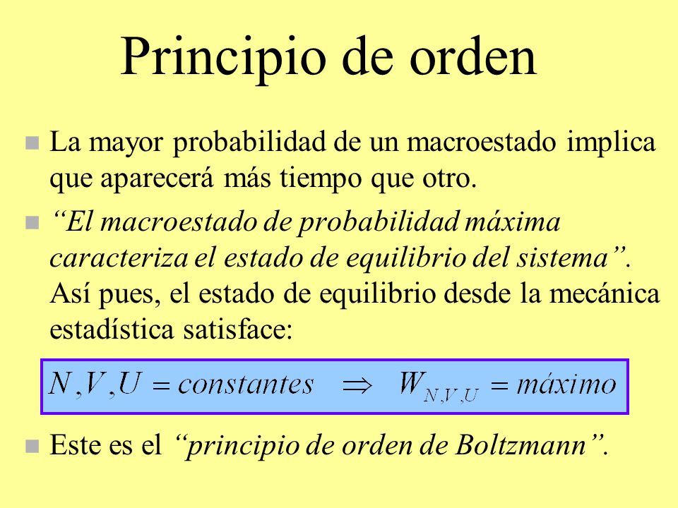 Principio de orden La mayor probabilidad de un macroestado implica que aparecerá más tiempo que otro.