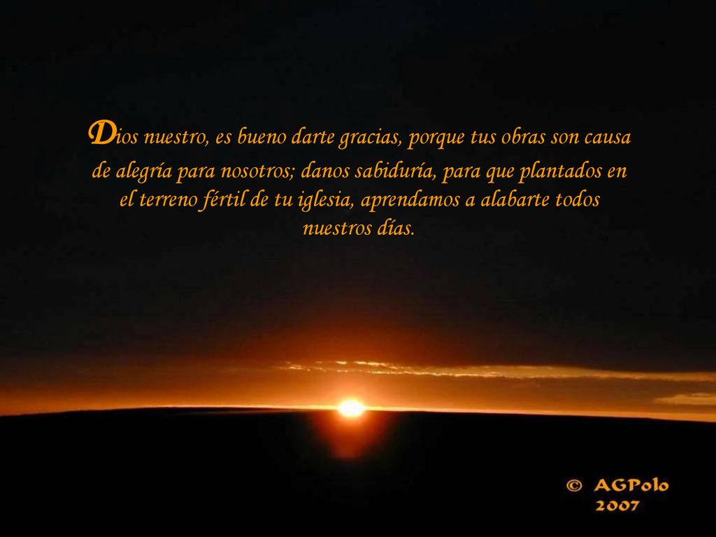 Dios nuestro, es bueno darte gracias, porque tus obras son causa de alegría para nosotros; danos sabiduría, para que plantados en el terreno fértil de tu iglesia, aprendamos a alabarte todos nuestros días.