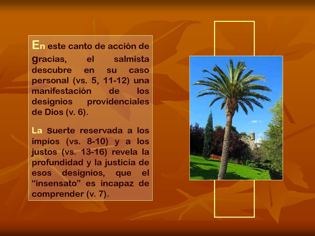 En este canto de acción de gracias, el salmista descubre en su caso personal (vs. 5, 11-12) una manifestación de los designios providenciales de Dios (v. 6).