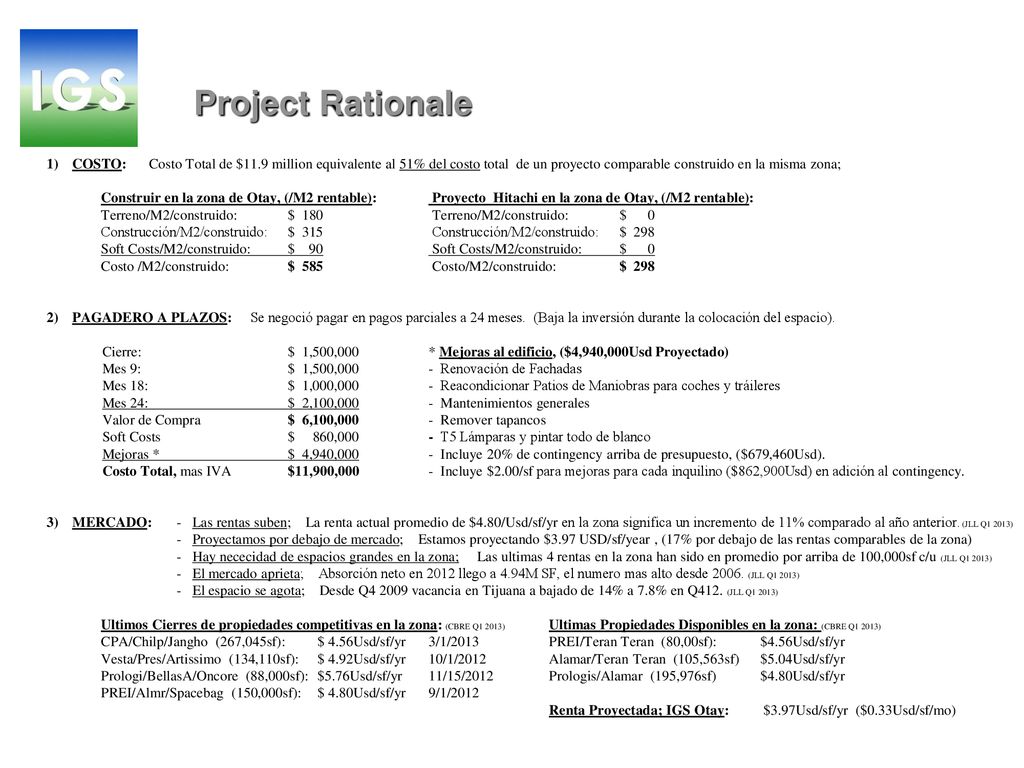 Project Rationale COSTO: Costo Total de $11.9 million equivalente al 51% del costo total de un proyecto comparable construido en la misma zona;