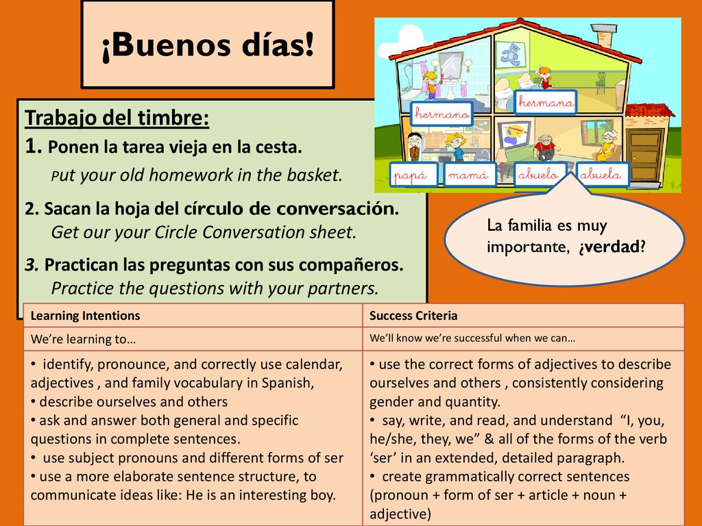 ¡Buenos días! Trabajo del timbre: 1. Ponen la tarea vieja en la cesta.