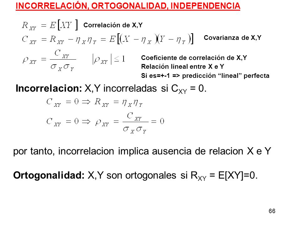 Incorrelacion: X,Y incorreladas si CXY = 0.