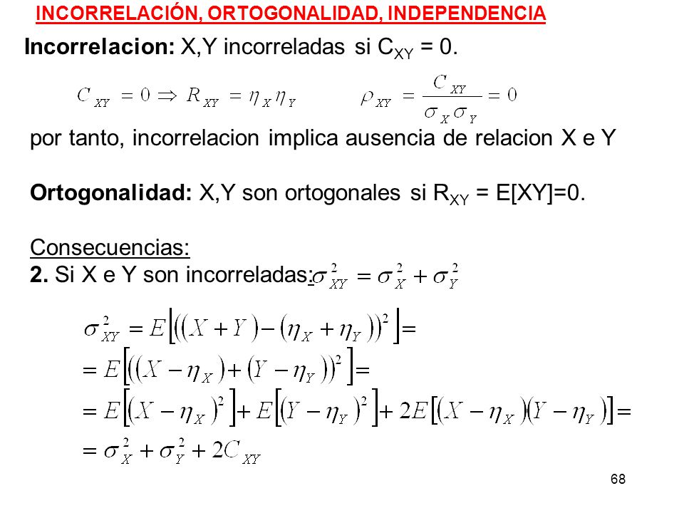 Incorrelacion: X,Y incorreladas si CXY = 0.