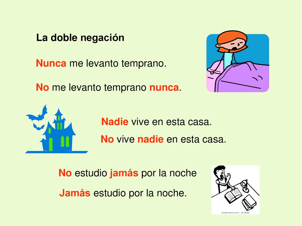 La doble negación Nunca me levanto temprano. No me levanto temprano nunca. Nadie vive en esta casa.