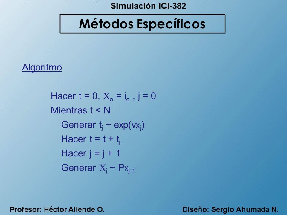 Métodos Específicos Algoritmo Hacer t = 0, Xo = io , j = 0