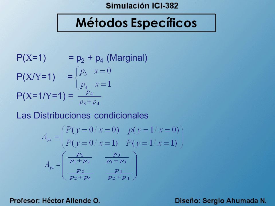 Métodos Específicos P(X=1) = p2 + p4 (Marginal) P(X/Y=1) =