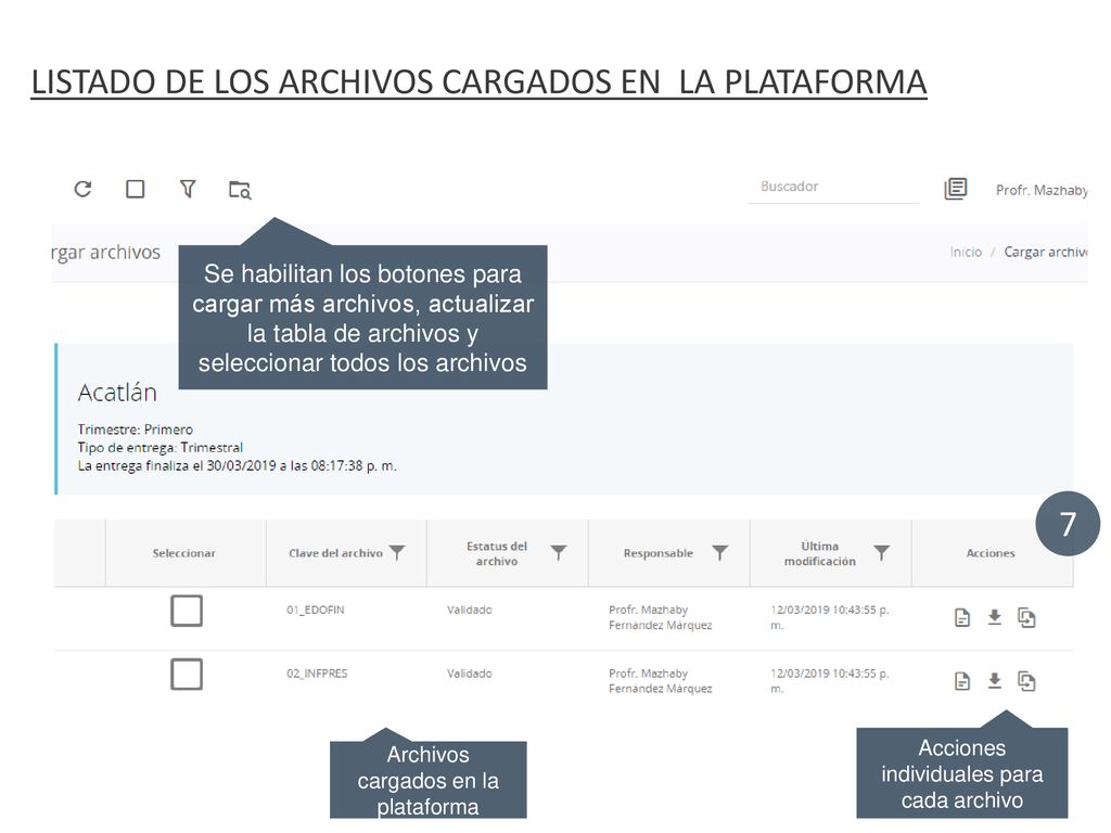 LISTADO DE LOS ARCHIVOS CARGADOS EN LA PLATAFORMA