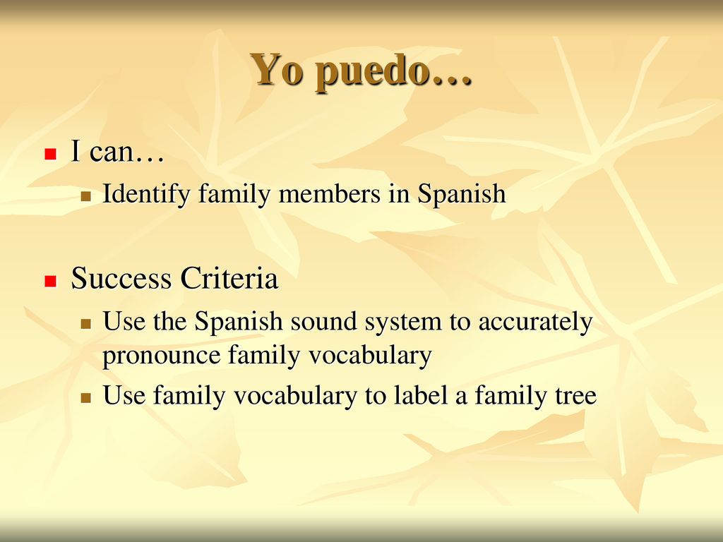 Yo puedo… I can… Success Criteria Identify family members in Spanish