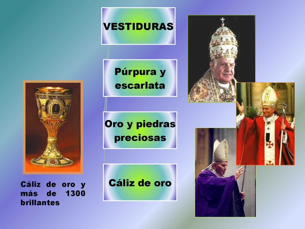 VESTIDURAS Púrpura y escarlata Oro y piedras preciosas Cáliz de oro