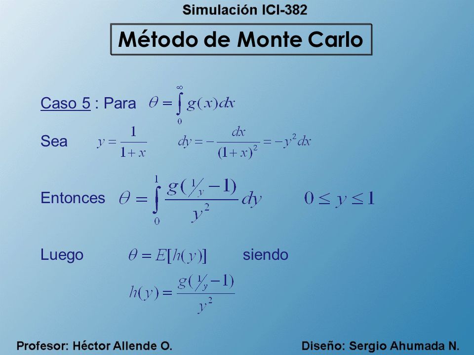 Método de Monte Carlo Caso 5 : Para Sea Entonces Luego siendo