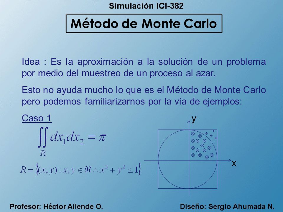 Método de Monte Carlo Idea : Es la aproximación a la solución de un problema por medio del muestreo de un proceso al azar.