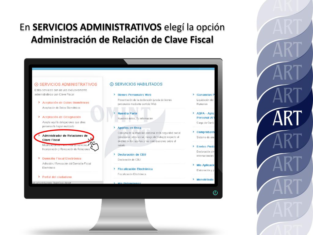 En SERVICIOS ADMINISTRATIVOS elegí la opción Administración de Relación de Clave Fiscal