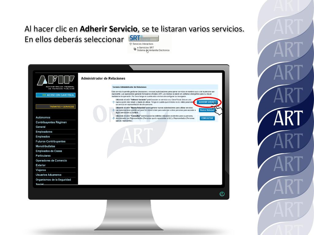 Al hacer clic en Adherir Servicio, se te listaran varios servicios.