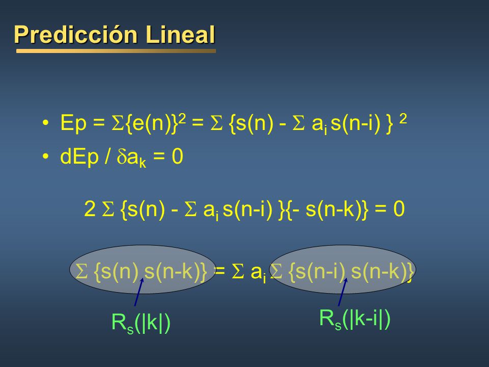 Predicción Lineal Ep = S{e(n)}2 = S {s(n) - S ai s(n-i) } 2