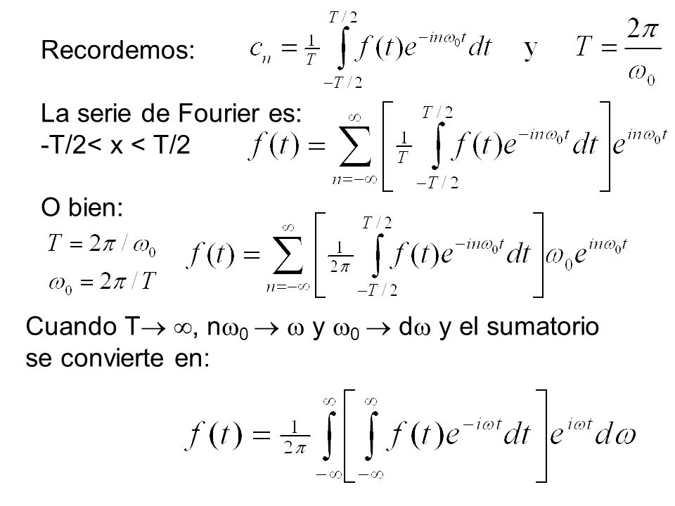 Recordemos: La serie de Fourier es: -T/2< x < T/2. O bien: Cuando T , nw0  w y w0  dw y el sumatorio.