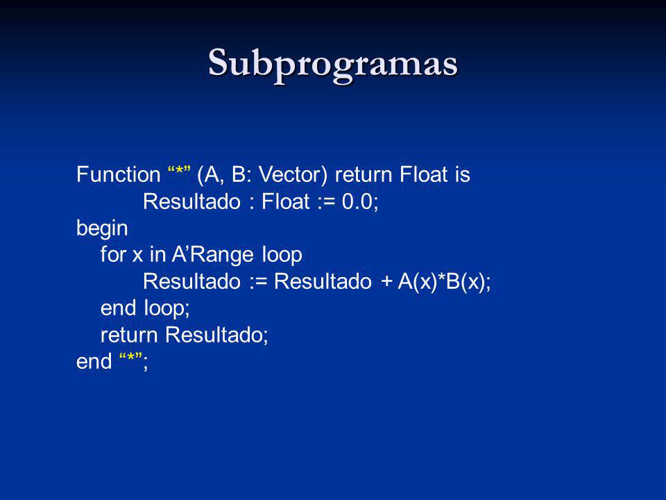 Subprogramas Function * (A, B: Vector) return Float is