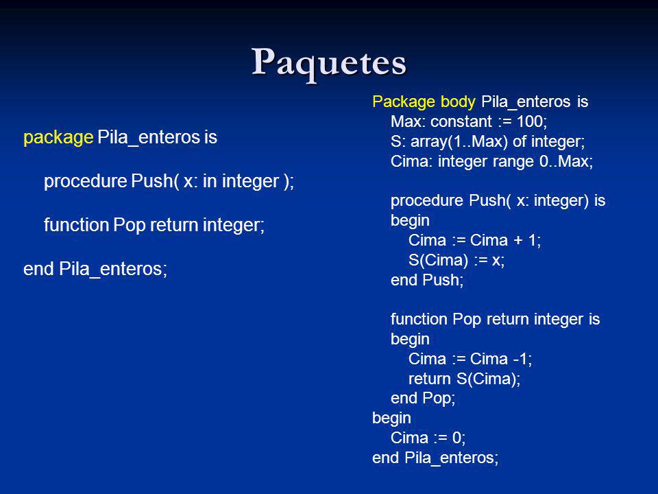 Paquetes package Pila_enteros is procedure Push( x: in integer );