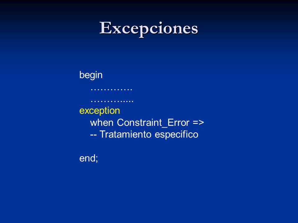 Excepciones begin …………. ………..... exception when Constraint_Error =>