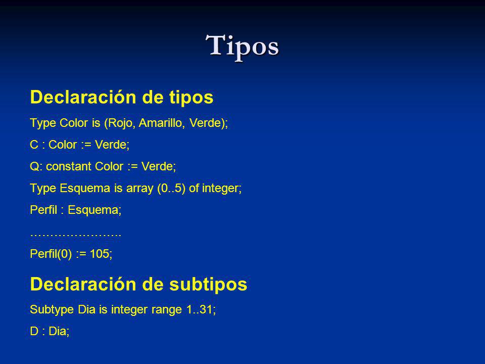 Tipos Declaración de tipos Declaración de subtipos
