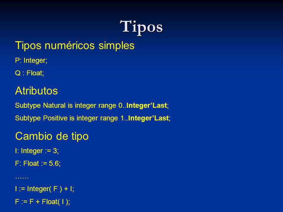 Tipos Tipos numéricos simples Atributos Cambio de tipo P: Integer;