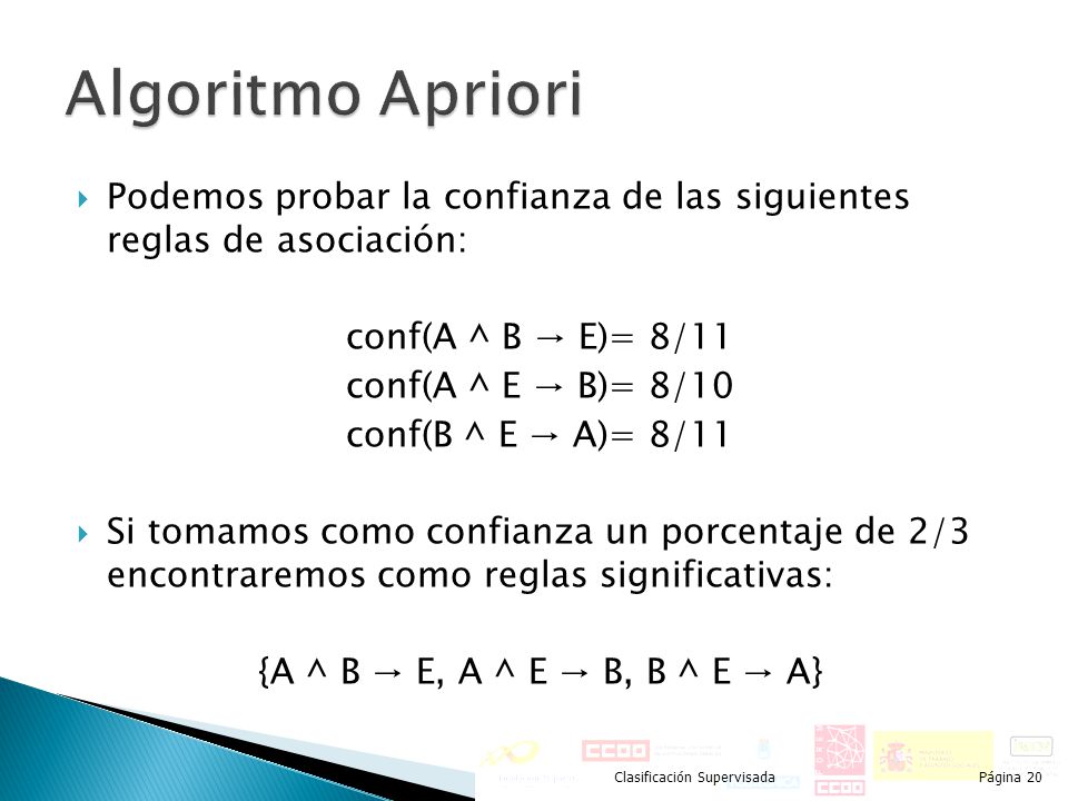 Algoritmo Apriori Podemos probar la confianza de las siguientes reglas de asociación: conf(A ^ B → E)= 8/11.
