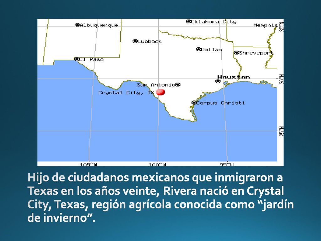 Hijo de ciudadanos mexicanos que inmigraron a Texas en los años veinte, Rivera nació en Crystal City, Texas, región agrícola conocida como jardín de invierno .