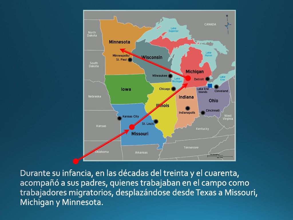 Durante su infancia, en las décadas del treinta y el cuarenta, acompañó a sus padres, quienes trabajaban en el campo como trabajadores migratorios, desplazándose desde Texas a Missouri, Michigan y Minnesota.