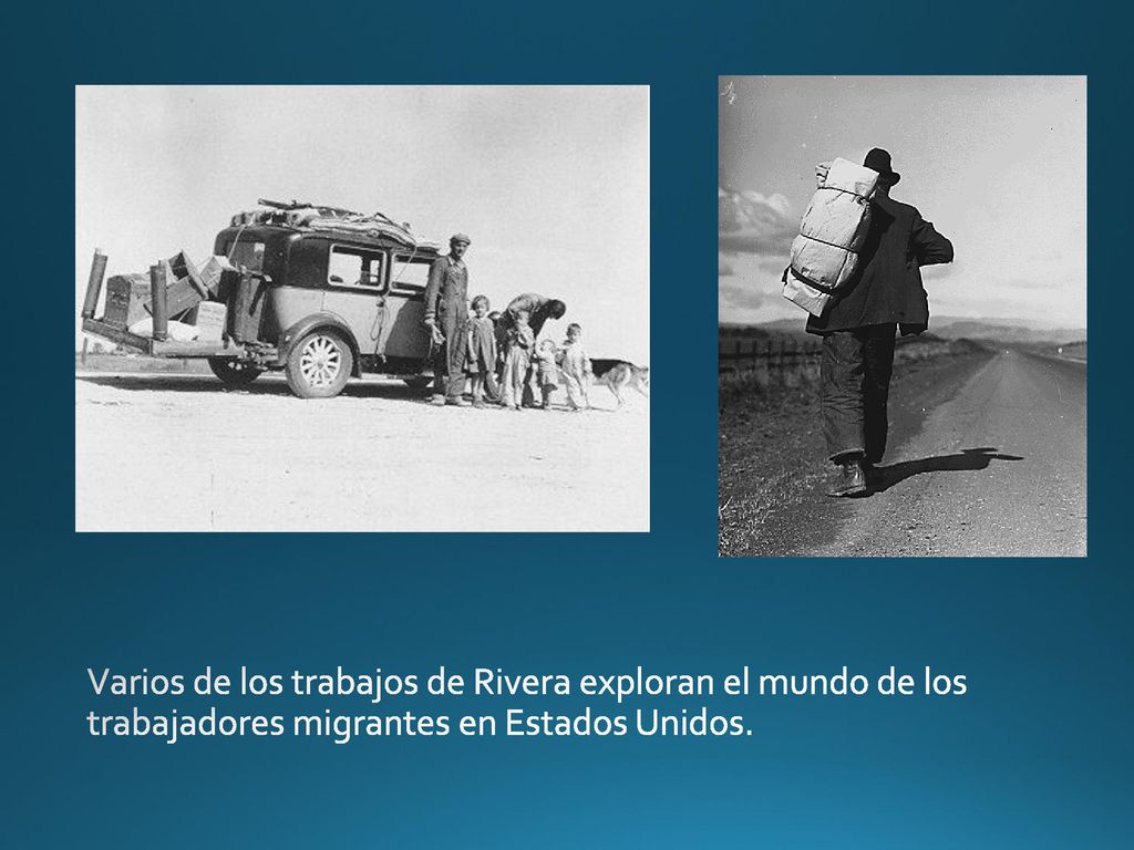 Varios de los trabajos de Rivera exploran el mundo de los trabajadores migrantes en Estados Unidos.
