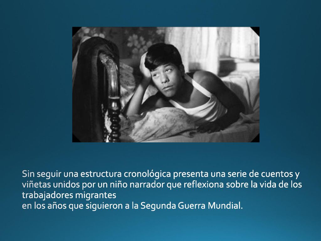 Sin seguir una estructura cronológica presenta una serie de cuentos y viñetas unidos por un niño narrador que reflexiona sobre la vida de los trabajadores migrantes en los años que siguieron a la Segunda Guerra Mundial.