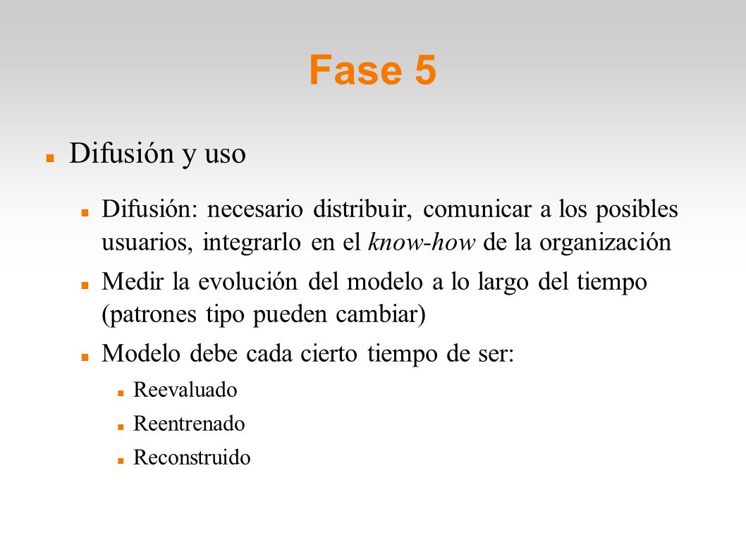 Fase 5 Difusión y uso. Difusión: necesario distribuir, comunicar a los posibles usuarios, integrarlo en el know-how de la organización.