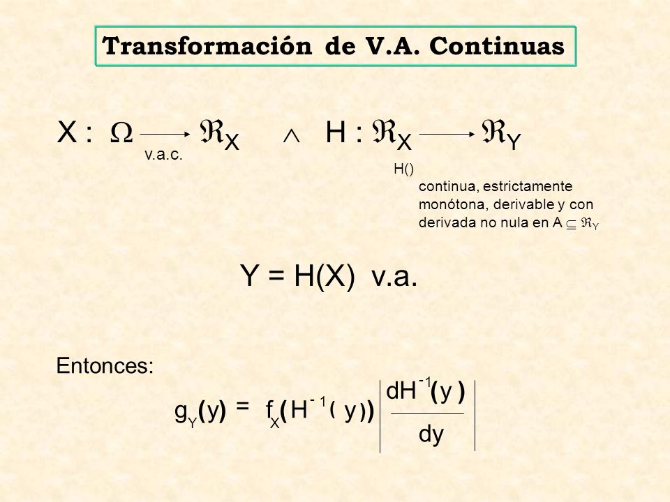 X :  X  H : X Y Y = H(X) v.a. Transformación de V.A. Continuas )