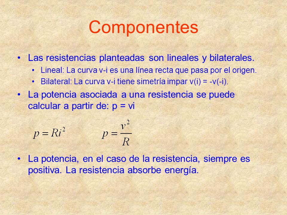 Componentes Las resistencias planteadas son lineales y bilaterales.