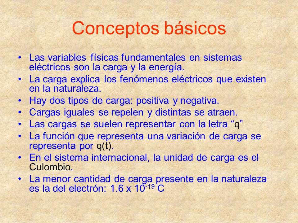 Conceptos básicos Las variables físicas fundamentales en sistemas eléctricos son la carga y la energía.