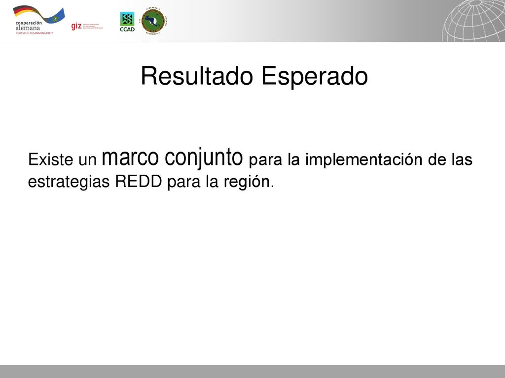 Resultado Esperado Existe un marco conjunto para la implementación de las estrategias REDD para la región.