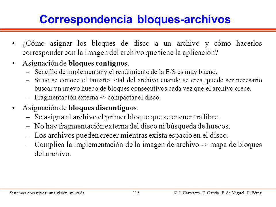 Mecanismos enlazados Listas o índices enlazados: desde cada entrada de un bloque existe un enlace al siguiente bloque del archivo.