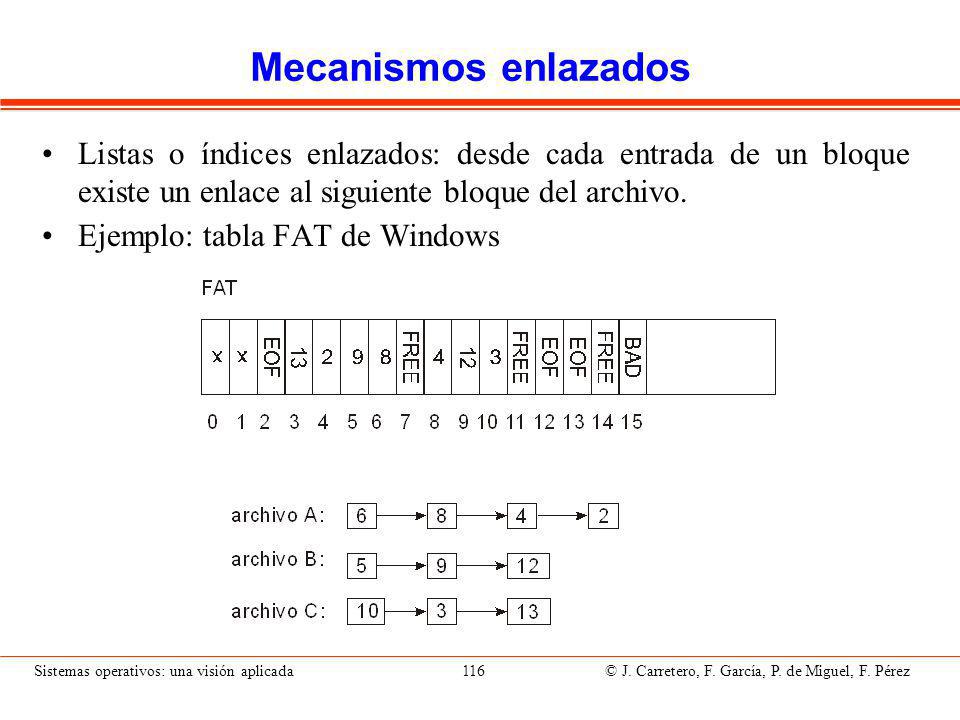 Mecanismos indexados Cada archivo tiene sus bloques de índice que incluyen apuntadores a los bloques de disco del archivo.
