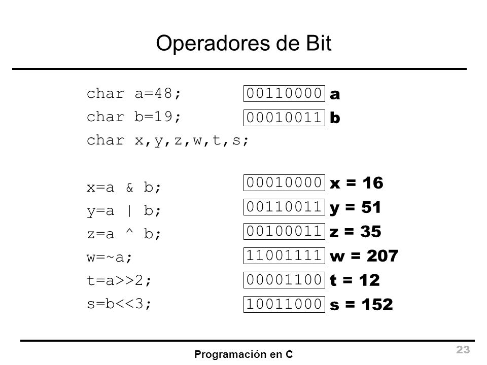Operadores de Bit char a=48; char b=19; char x,y,z,w,t,s; x=a & b;