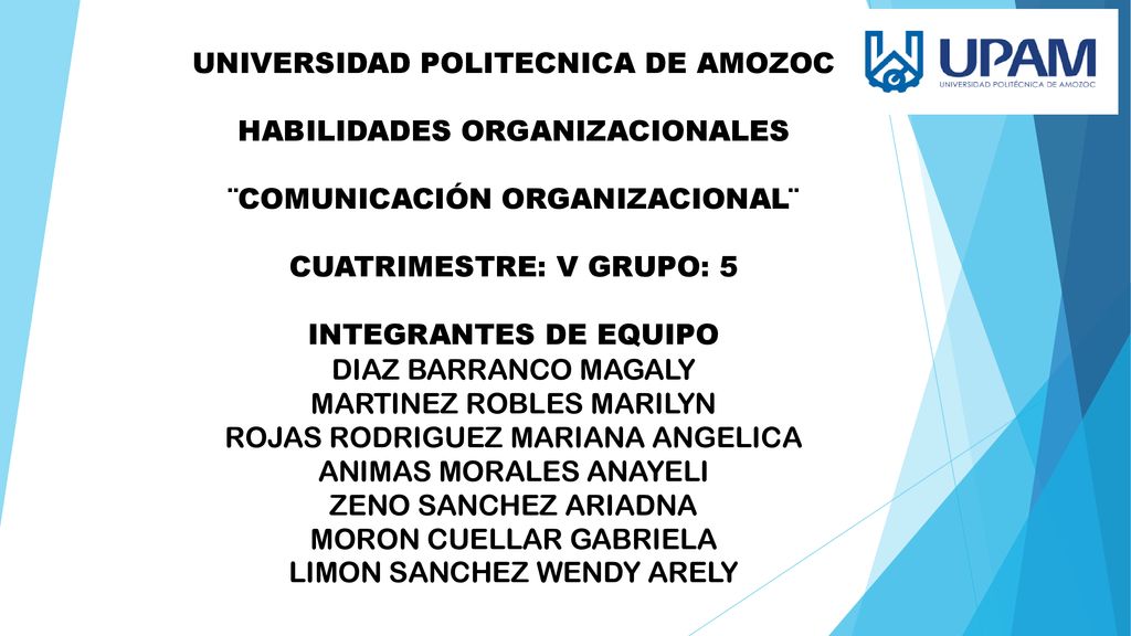 UNIVERSIDAD POLITECNICA DE AMOZOC HABILIDADES ORGANIZACIONALES ¨COMUNICACIÓN ORGANIZACIONAL¨ CUATRIMESTRE: V GRUPO: 5 INTEGRANTES DE EQUIPO DIAZ BARRANCO MAGALY MARTINEZ ROBLES MARILYN ROJAS RODRIGUEZ MARIANA ANGELICA ANIMAS MORALES ANAYELI ZENO SANCHEZ ARIADNA MORON CUELLAR GABRIELA LIMON SANCHEZ WENDY ARELY
