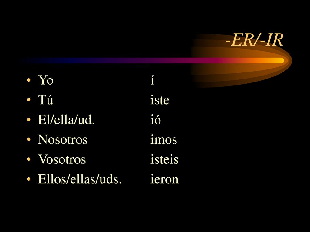 -ER/-IR Yo í Tú iste El/ella/ud. ió Nosotros imos Vosotros isteis