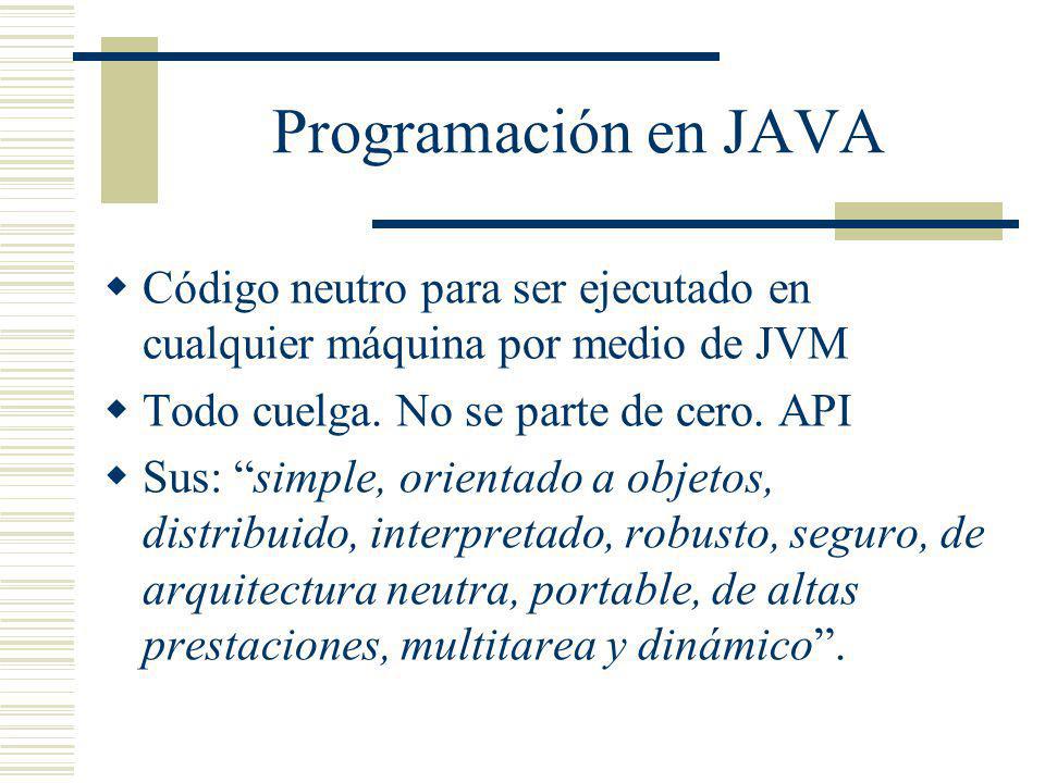 Programación en JAVA Código neutro para ser ejecutado en cualquier máquina por medio de JVM. Todo cuelga. No se parte de cero. API.