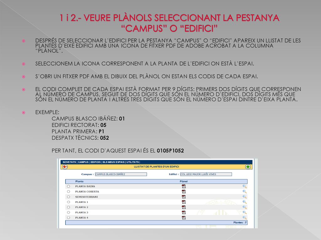 1 i 2.- VEURE PLÀNOLS SELECCIONANT LA PESTANYA CAMPUS O EDIFICI