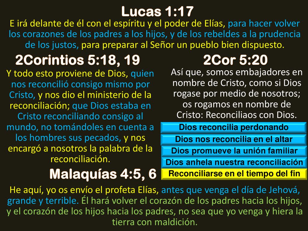 Lucas 1:17 2Corintios 5:18, 19 2Cor 5:20 Malaquías 4:5, 6