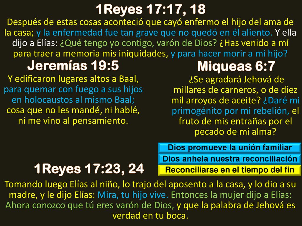 1Reyes 17:17, 18 Jeremías 19:5 Miqueas 6:7 1Reyes 17:23, 24