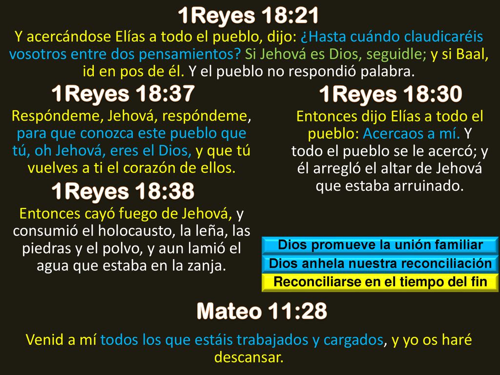 1Reyes 18:21 1Reyes 18:37 1Reyes 18:30 1Reyes 18:38 Mateo 11:28